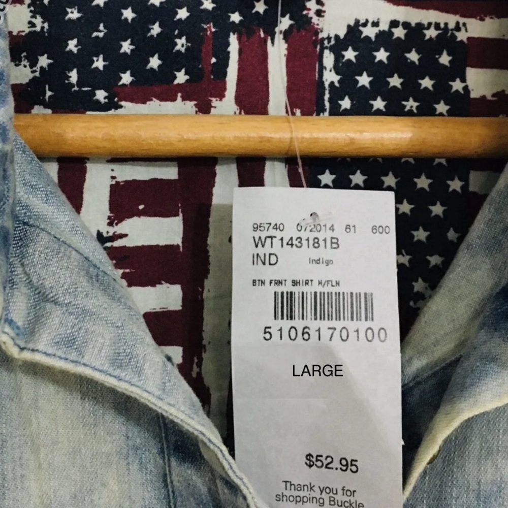 White Crow Buckle Blue Red Flannel Patchwork Button‎ Down Long Sleeve Shirt L - Picture 5 of 9